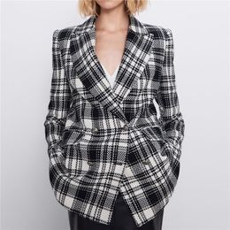 Vintage Casual Plaid Blazer Women Fashion Double Breasted Office Ladies Jacket Coat Office Lady Long Sleeve Suits 201201