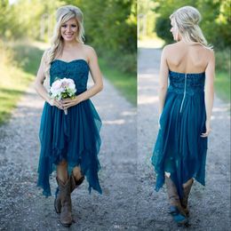 Hot Cheap Country Style Bridesmaid Dresses Teal Chiffon Wedding Guest Wear Lace Sweethert High Low Length Summer Party Maid of Honor Gowns