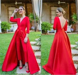 Red Prom Dresses Jumpsuit Satin 3/4 Long Sleeves Overskirt V Neck Custom Made Plus Size Evening Party Gown Robe 403