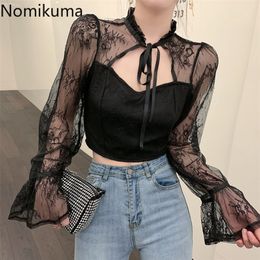 Nomikuma Korean Perspective Patchwork Lace Shirt Bow Tie Stand Neck Flare Long Sleeve Blouse Spring Blusas 6D730 220307