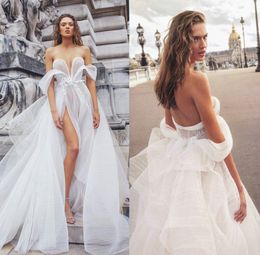 Elihav Sasson High Split A Line Wedding Dresses Appliques Crystal Pearls Beads Strapless Wedding Dresses Sweep Train Bridal Gowns Cheap