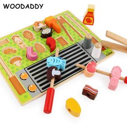 Dropshipping Simulation BBQ Cutting Set Wooden Toys For Kids Supermarket Cash Register Fruits/Dessert Kitchen Toys Educational LJ201009