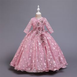 2020 New Princess Lace Dress Kids Long-sleeved Polka Dot Flower Embroidery Dress For Girls Pageant Formal Ball Gown Costume LJ200923