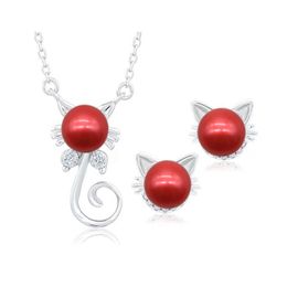 925 Estilo de gato de plata esterlina Conjunto de joyas de perlas Collar colgante, pendientes con botón de agua dulce Perlas para mujer Regalo amor deseo