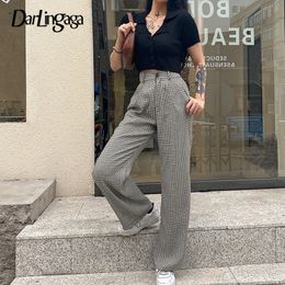 Darlingaga Fashion Vintage Houndstooth Plaid Pants Women Straight Elegant Ladies Trousers Loose High Waist Pants Sweatpants 2020 T200422