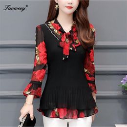 5XL Plus Size Women Blouses Fashion autumn bow collar 3/4 Sleeve FLORAL Shirt Female Casual tops blusas femininas elegante 201201