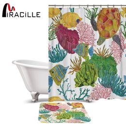 Miracille Bathroom Decor Colourful Sea Turtle Seaweed Tropical Fish Pattern Waterproof Shower Curtain Carpet for Bath and Toilet T200711