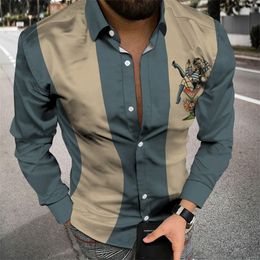 Autumn Fashion Striped Print Patchwork Shirts Men Casual Turn-down Collar Buttoned Long Sleeve Cardigan Tops Streetwear 220312