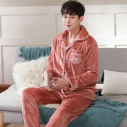 Flannel Thick Pijama for Men 2 Pieces Lounge Sleepwear Pyjamas Solid Autumn Bedgown Home Clothes Man PJs Long Sleeve Pajamas Set LJ201112