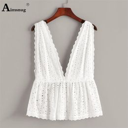 Aimsnug Women White Elegant Shirt Lace Camis Female V-neck Backless Vest Clothing Summer New Solid Casual Women's Tops T200729