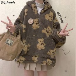 Woherb Japanese Kawaii Cartoon Bear Hoodies Women Casual Oversized Faux Fur Autumn Winter Fleece Sweatshirt Hoody Pullover 201114