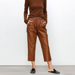 Genuine leather harem pants Women's real sheepskin trousers high waist plus size women pants new Elastic waist streetwear 201031