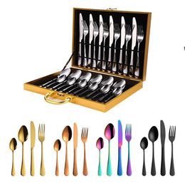 Stainless Steel Tableware Sets Household Western Cutlery Knife Fork Spoon Wooden Gift Box Set Kitchen Dinnerware RRB13481