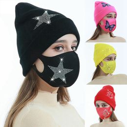 Winter Beanies Caps With Face Mask Sport Knit Crystal Party Hats Thicken Warm Casual Butterfly Print Skull Caps Masks GGA3839