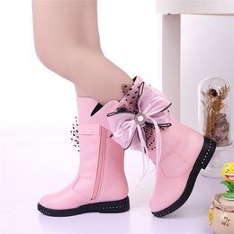 Children'S Winter Boots for Girls Flower Fashion Plush Princess Flats Dress Shoes Black Red Snow Boot KS544 211227