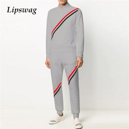 Men Casual Outfits Autumn Fashion Striped Patchwork Two Piece Sets For Mens Spring Long Sleeve O-Neck Tops And Pants Suits 220107