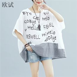 Plus Size tshirts Cotton Women Tee Letter Print Tshirt Oversized Vogue T Shirt Patchwork T-shirt Summer Tops Femme 4xl 5xl 6xl T200516