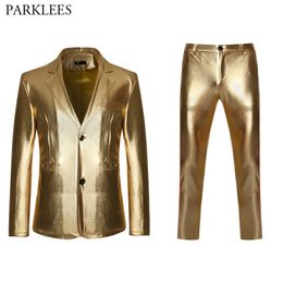 Shiny Gold Metallic Glitter Suit Men Nightclub Slim Fit Single Breasted Mens Suits with Pants DJ Stage Singer Costume Homme XXL Y201026