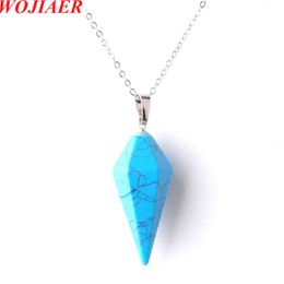 WOJIAER Pendant Necklace Natural Blue Turquoise Gem Stone Reiki Chakra Hexagonal Pyramid Dangle Beads Jewelry Z9080