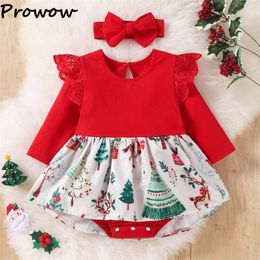 Prowow My First Christmas Baby Girl Clothes Xmas Print Rompers V-Neck Lace Bodysuit For borns Year Costume 220211