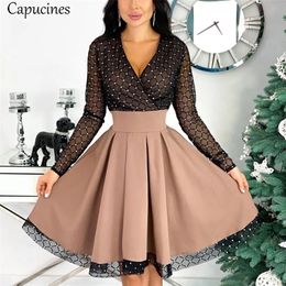 Capucines Fashion Shiny Sequin Diamond Mesh Stitching Dres Spring Autumn Sheer Long Sleeve Belted Slim A Line Dresses 220308