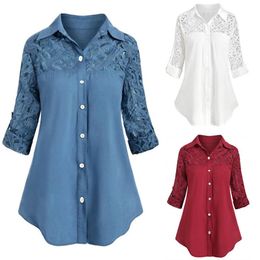 Solid Lace Panel Button Up Shirts for Women 2020 Spring Casual Turn-down Collar 3/4 Sleeve Blouse 5XL Plus Size Loose Tunic Tops LJ200831