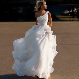 Simple A Line Wedding Dresses One Shoulder Sleeveless Bridal Gowns Floor Length Zipper With Wrap Robe de mariée Custom Made