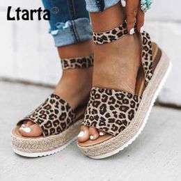 LTARTA Drop Sale Large Size Summer New Muffin Buckle Sandals Women Leopard Hemp Rope Woven Slope Heel thick Heels Shoes HYKL-A