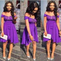 Purple Short Prom Dresses Off The Shoulder Lace Applique Beaded Sequins Chiffon Overskirt Custom Made Formal Tail Party Gowns 403 403