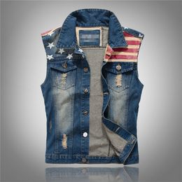 FALIZA Men's Vest Jacket Pleated Design Denim Vest America Flag Blue Waistcoat Sleeveless Jeans Jackets Hip Hop Jean Coats MJ102 201126