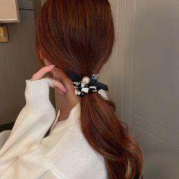 Korean Exquisite Rhinestones Imitation Pearl Bow Plaid Fabric Large Intestine Ring Fashion Women's Ponytail Hair Accessories