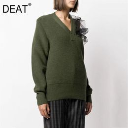 DEAT V-neck Full Sleeves Knitting Mesh Patchwork Hollow Off One Shoulder Pullover Sweater Female Knits Top WO39606 fashion 210203