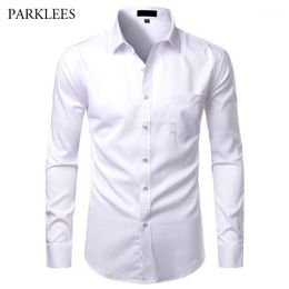 White Mens Bamboo Fibre Shirts Casual Slim Fit Button Up Dress Shirts Men Solid Soical Shirt With Pocket Formal Business Camisas1311N