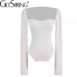 Getspring Women T Shirt Sexy Basic Tshirt Top Knitted T Shirts White Top Knitting Bottoming Women Tshirts White Clothing 2021 H1230