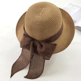 Wide Brim Hats Women Seaside Korean Style Sun Protection Folding Flat Beach Bow Gift Head Wear Elegant Straw Hat Summer Brim1
