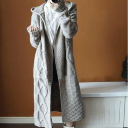 Lucyever Fashion Korean Twist Knitted Long Cardigans Women Loose Hooded Sweater Coat Woman Solid Casual Open Stitch Coats Mujer 201109