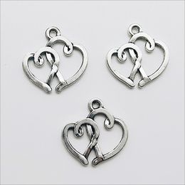 Wholesale Lot 100pcs Double Heart Antique Silver Charms Pendants for Jewellery Making Bracelet Earrings DIY Keychain Pendant 19*19mm DH0841