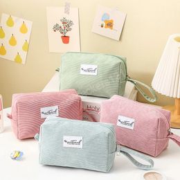 Corduroy Candy Colour Women Makeup Bag Zipper Cosmetic Bags Travel Female Organiser Pencil Bag with Wrist Band