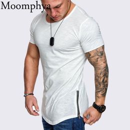 Mens T-Shirts Moomphya Solid color skinny side zipper t shirt Longline slim fit t-shirt men Hip hop streetwear Summer tops