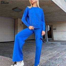 Solid Knitted Trousers Suit For Women Autumn Winter Female Fashion Green Outfits With Drawstring Sweater Two Pieces Sets 220315