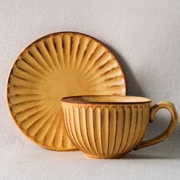 Vintage Coffee Cup With Saucer Retro Coarse Pottery Coffee Mug Set