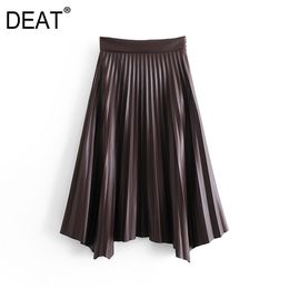 [DEAT] 2020 Spring Autumn New Fashion Tide High Waist Solid Colour Temperament Women Loose PU Leather Pleated Skirt 13A795 Y1214