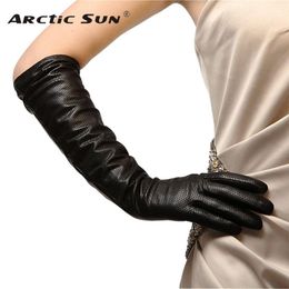 -Fünf Finger Handschuhe Mode Schwarz Frauen Schaffell 45 cm Lange Echtes Leder Finger Mantel Elegante Winter Dame Driving Handschuh L081NN1
