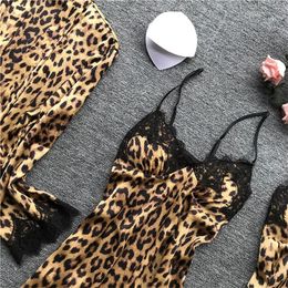 Sexy Leopard Pyjama Satin Silk Lace Robes Nightdress Camisole Shorts 4pc Suit Set Bathrobe Underwear Sleepwear Home Wear Y200429