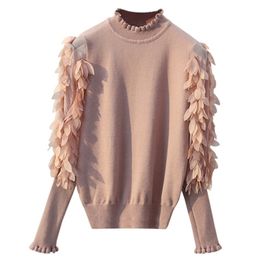 HLBCBG Ruffled Collar Knitted Women Sweater Spring Autumn Loose Jumper Fashion Flowers Sleeves Sweater and Pullover Femme Pull 201109