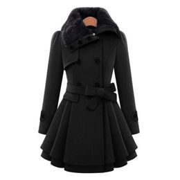 Winter Coat Women Trench Coat Turn-down Collar Long Sleeve Peacoat Faux Fur Double Breasted Thick Plus Size Fashion Outwear 201102