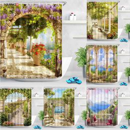 Flowers arch bridge landscape shower curtain home decoration curtain mildew waterproof belt hook shower curtain 200*180cm 201030