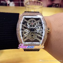 New YachTing 44mm Automatic Mens Watch Rose Gold Diamond Bezel White Inner Skeleton Dial Brown Leather Rubber Watches Timezonewatch FM143a1