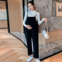 1966# Autumn Winter Knitted Shirt + Black Maternity Bib Pants Jumpsuits Sets Clothes for Pregnant Women Pregnancy Overalls Suit LJ201125