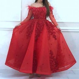 2021 New Red Dubai Evening Dresses Wear Lace Appliques Feather Beads Ankle Length Off Shoulder Long Sleeves A Line Party Dress Prom Gowns